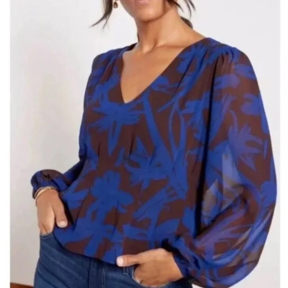 Evereve Harper Seamed Women's Blouse Top Blue Brown Sheer Sleeve Size Small
